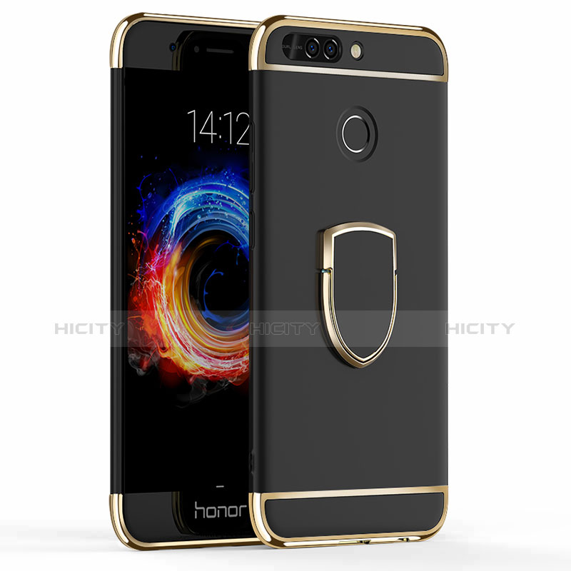 Handyhülle Hülle Luxus Metall Rahmen und Kunststoff mit Fingerring Ständer für Huawei Honor V9 Schwarz