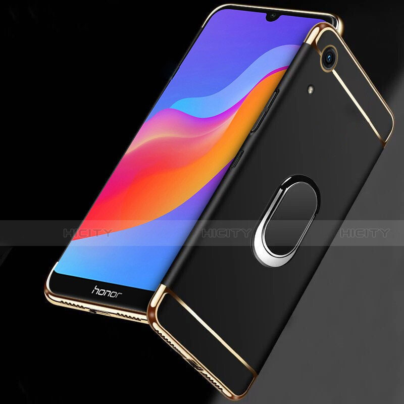 Handyhülle Hülle Luxus Metall Rahmen und Kunststoff mit Fingerring Ständer für Huawei Y6 (2019) Schwarz groß