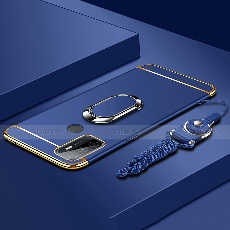 Handyhülle Hülle Luxus Metall Rahmen und Kunststoff Schutzhülle Hartschalen Tasche mit Fingerring Ständer A01 für Oppo A32 Blau