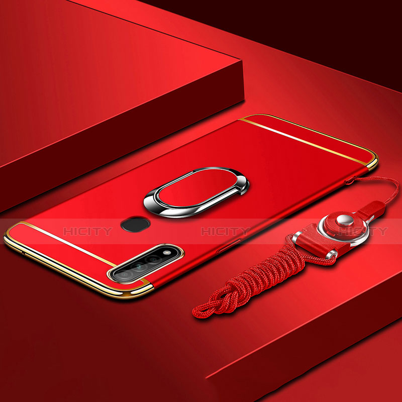 Handyhülle Hülle Luxus Metall Rahmen und Kunststoff Schutzhülle Hartschalen Tasche mit Fingerring Ständer A01 für Oppo A8 Rot