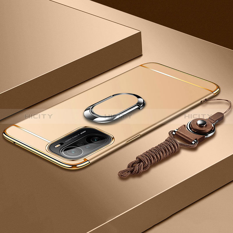 Handyhülle Hülle Luxus Metall Rahmen und Kunststoff Schutzhülle Hartschalen Tasche mit Fingerring Ständer für Xiaomi Mi 11i 5G Gold Plus