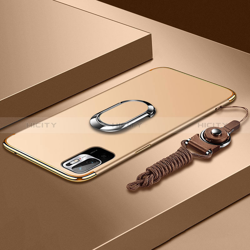 Handyhülle Hülle Luxus Metall Rahmen und Kunststoff Schutzhülle Hartschalen Tasche mit Fingerring Ständer für Xiaomi Redmi Note 10 5G Gold