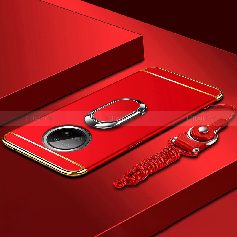 Handyhülle Hülle Luxus Metall Rahmen und Kunststoff Schutzhülle Hartschalen Tasche mit Fingerring Ständer für Xiaomi Redmi Note 9 5G Rot