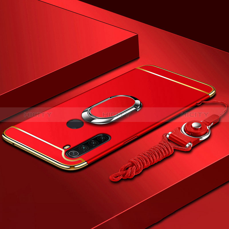 Handyhülle Hülle Luxus Metall Rahmen und Kunststoff Schutzhülle Hartschalen Tasche mit Fingerring Ständer K01 für Xiaomi Redmi Note 8 (2021) Rot