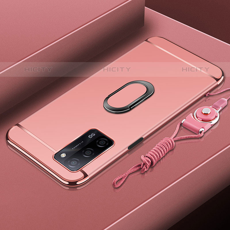 Handyhülle Hülle Luxus Metall Rahmen und Kunststoff Schutzhülle Hartschalen Tasche mit Fingerring Ständer P01 für Oppo A53s 5G Rosegold