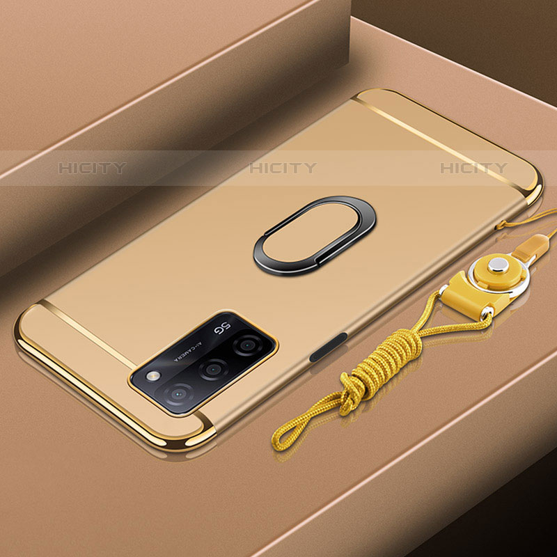 Handyhülle Hülle Luxus Metall Rahmen und Kunststoff Schutzhülle Hartschalen Tasche mit Fingerring Ständer P01 für Oppo A55 5G Gold Plus