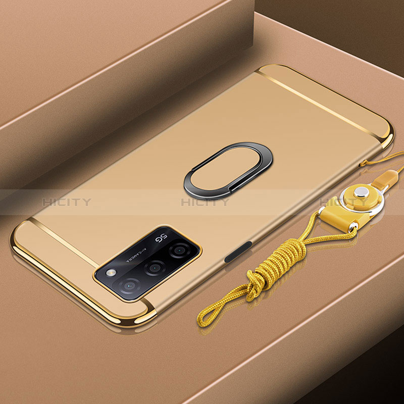 Handyhülle Hülle Luxus Metall Rahmen und Kunststoff Schutzhülle Hartschalen Tasche mit Fingerring Ständer P01 für Oppo A56 5G Gold Plus