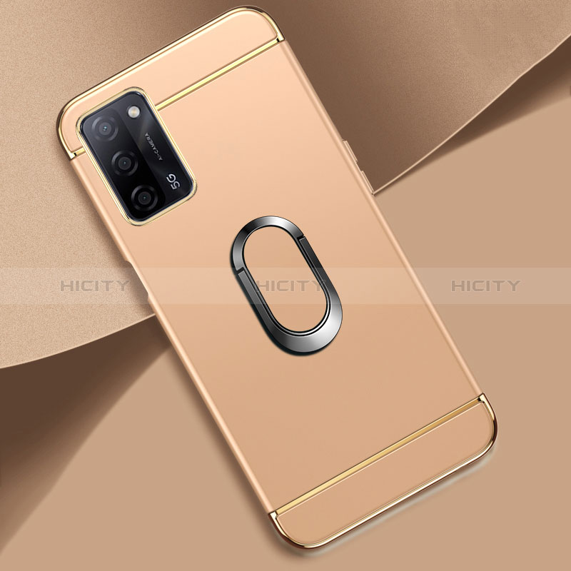 Handyhülle Hülle Luxus Metall Rahmen und Kunststoff Schutzhülle Hartschalen Tasche mit Fingerring Ständer P02 für Oppo A56 5G Gold Plus