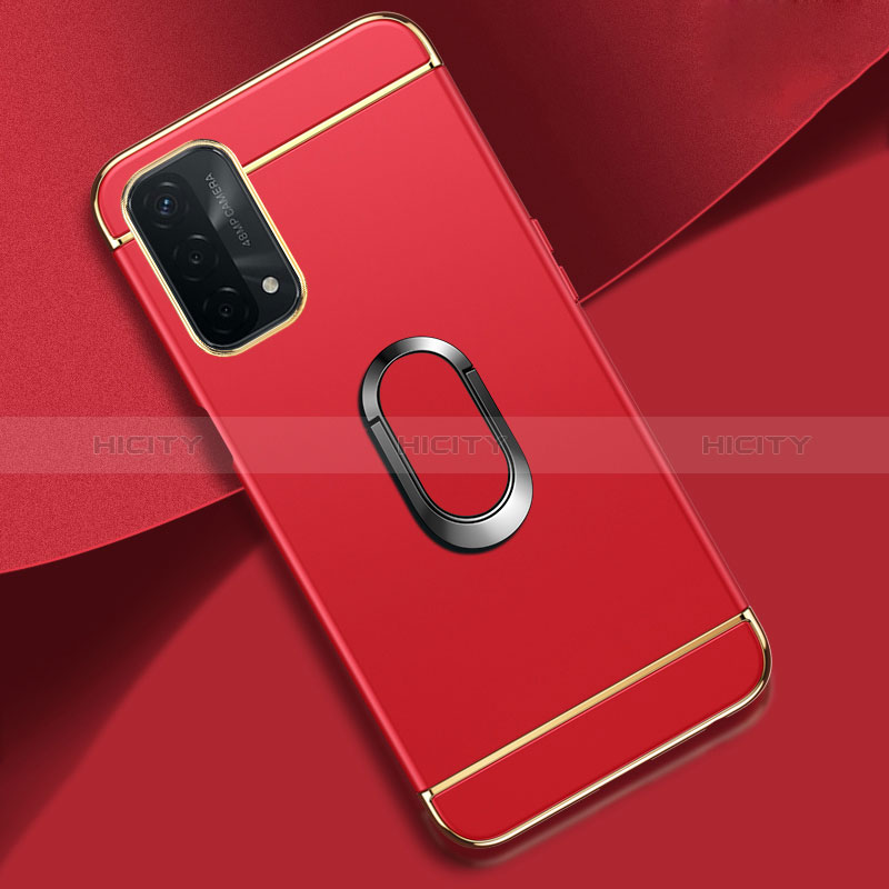 Handyhülle Hülle Luxus Metall Rahmen und Kunststoff Schutzhülle Hartschalen Tasche mit Fingerring Ständer P02 für Oppo A74 5G Rot