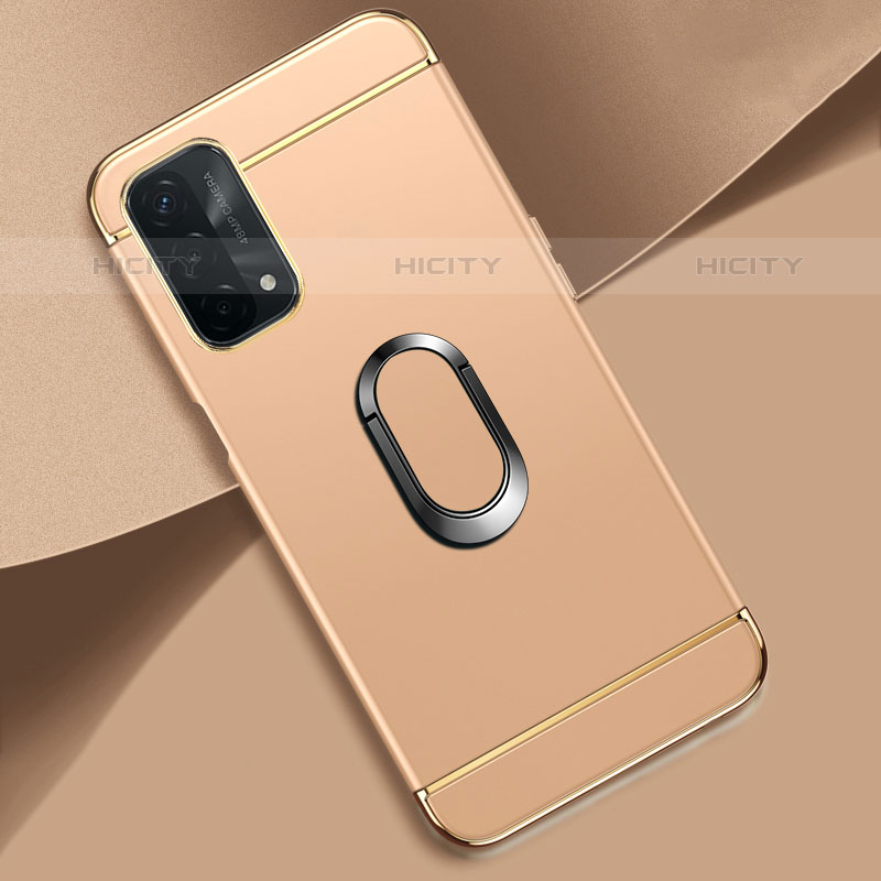 Handyhülle Hülle Luxus Metall Rahmen und Kunststoff Schutzhülle Hartschalen Tasche mit Fingerring Ständer P02 für Oppo A93 5G Gold