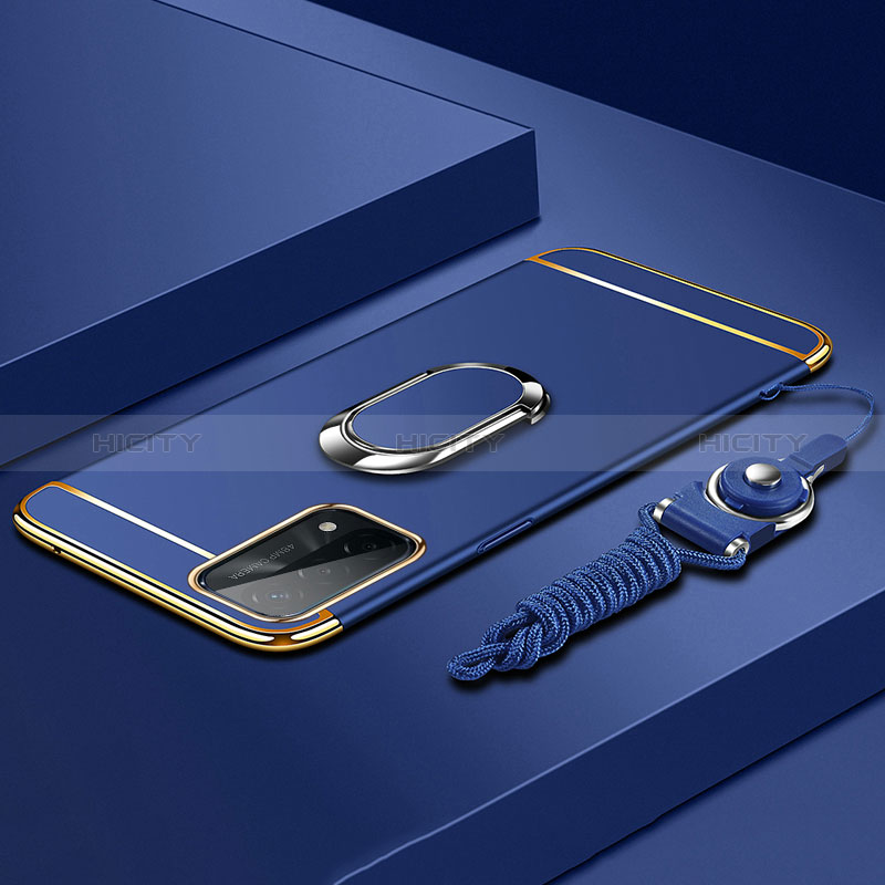 Handyhülle Hülle Luxus Metall Rahmen und Kunststoff Schutzhülle Hartschalen Tasche mit Fingerring Ständer P03 für Oppo A74 5G Blau