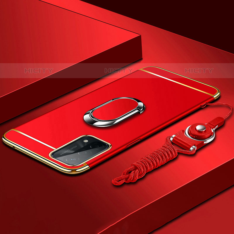 Handyhülle Hülle Luxus Metall Rahmen und Kunststoff Schutzhülle Hartschalen Tasche mit Fingerring Ständer P03 für Oppo A93 5G Rot