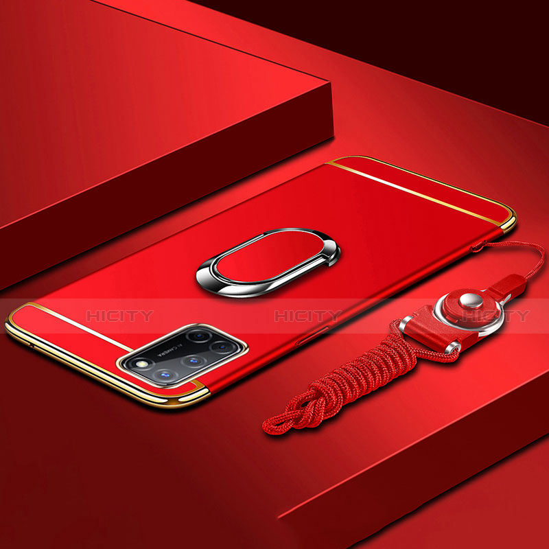 Handyhülle Hülle Luxus Metall Rahmen und Kunststoff Schutzhülle Hartschalen Tasche mit Fingerring Ständer und Lanyard für Oppo A92 Rot