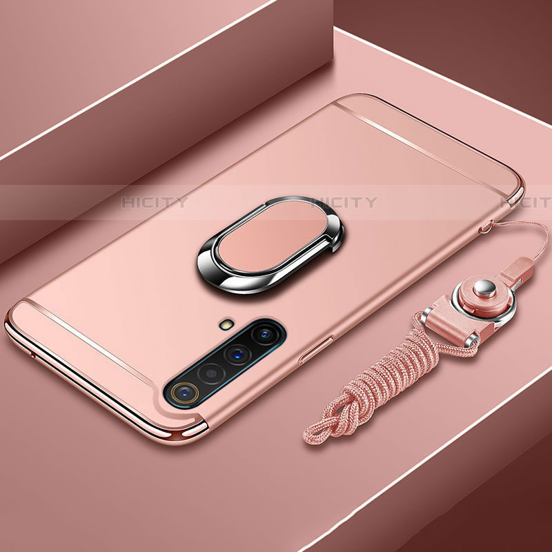 Handyhülle Hülle Luxus Metall Rahmen und Kunststoff Schutzhülle Hartschalen Tasche mit Fingerring Ständer und Lanyard für Realme X50 5G Rosegold Plus