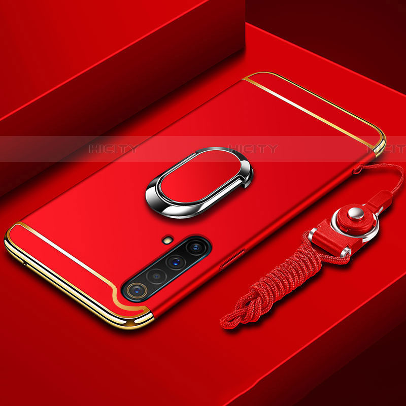 Handyhülle Hülle Luxus Metall Rahmen und Kunststoff Schutzhülle Hartschalen Tasche mit Fingerring Ständer und Lanyard für Realme X50t 5G Rot Plus