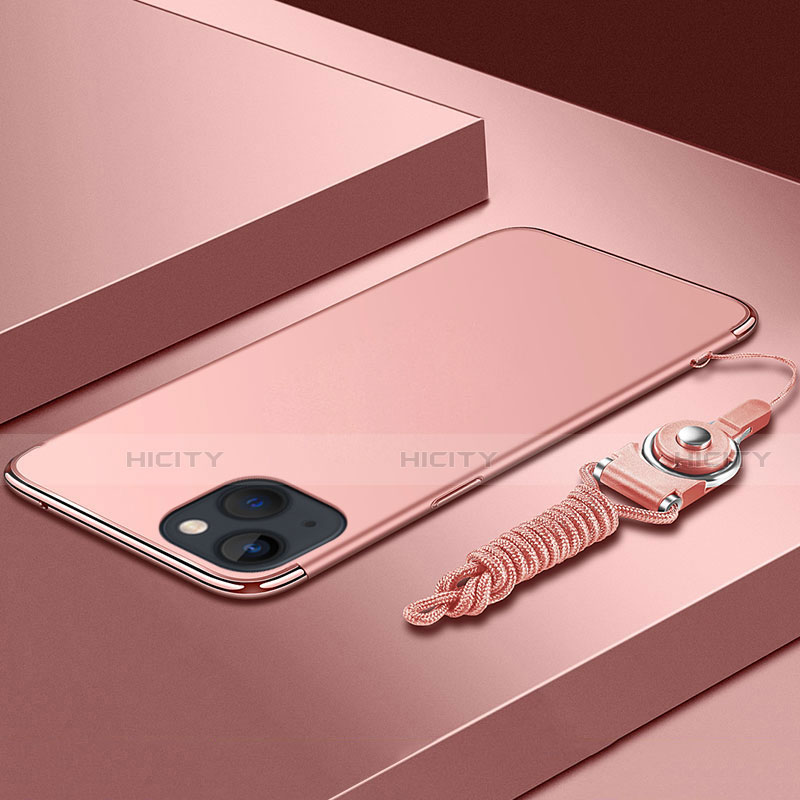 Handyhülle Hülle Luxus Metall Rahmen und Kunststoff Schutzhülle Hartschalen Tasche mit Lanyard für Apple iPhone 13 Mini Rosegold