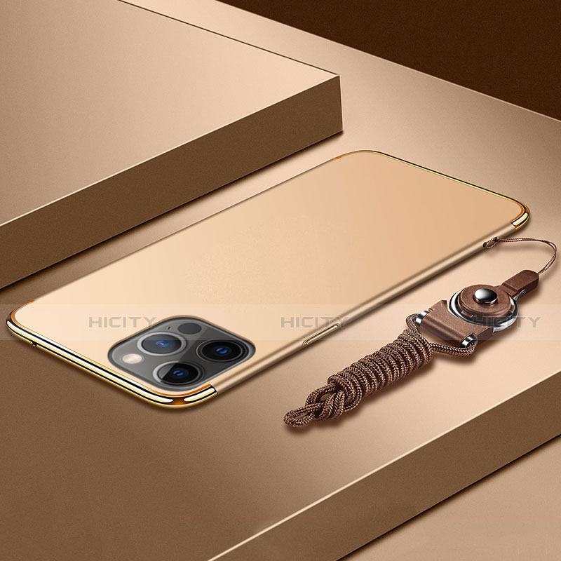 Handyhülle Hülle Luxus Metall Rahmen und Kunststoff Schutzhülle Hartschalen Tasche mit Lanyard für Apple iPhone 13 Pro Gold