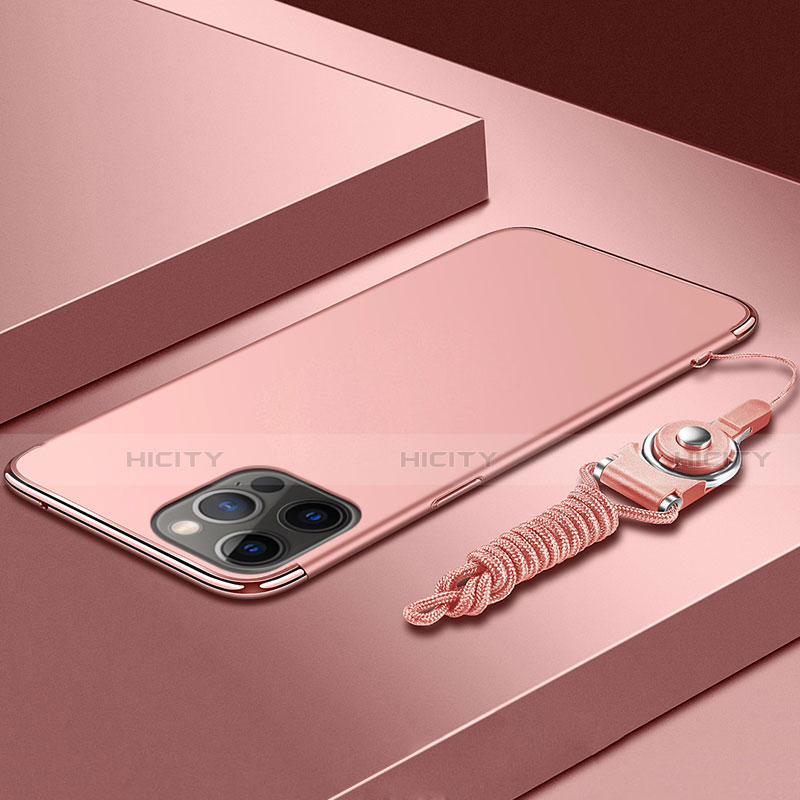 Handyhülle Hülle Luxus Metall Rahmen und Kunststoff Schutzhülle Hartschalen Tasche mit Lanyard für Apple iPhone 13 Pro Max Rosegold