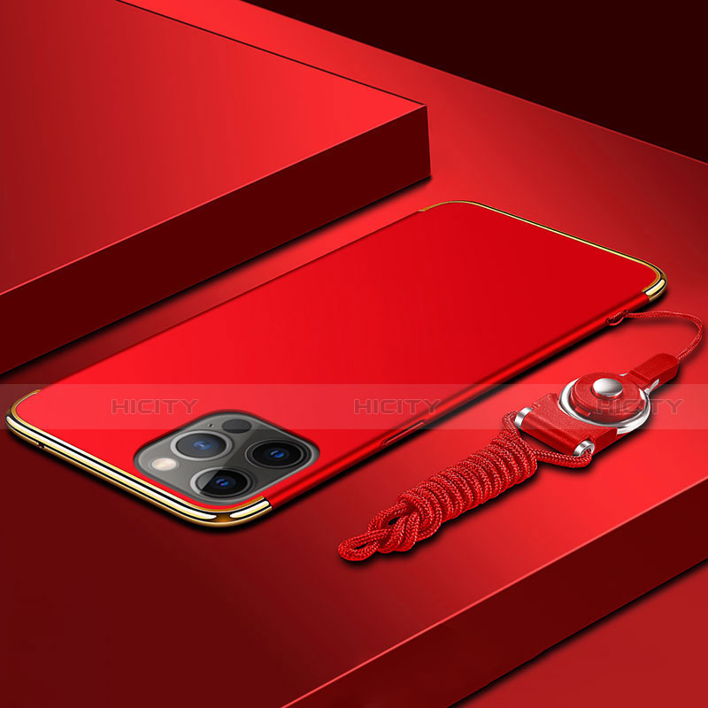 Handyhülle Hülle Luxus Metall Rahmen und Kunststoff Schutzhülle Hartschalen Tasche mit Lanyard für Apple iPhone 14 Pro Max Rot