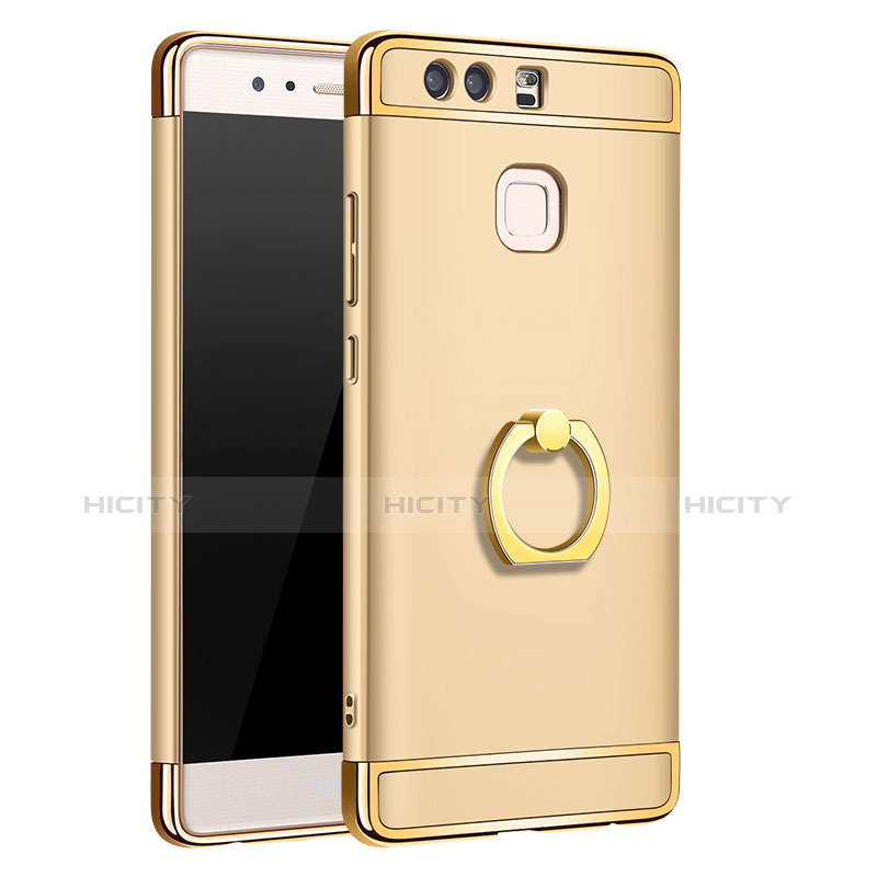 Handyhülle Hülle Luxus Metall Rahmen und Kunststoff Schutzhülle Tasche mit Fingerring Ständer A01 für Huawei P9 Gold