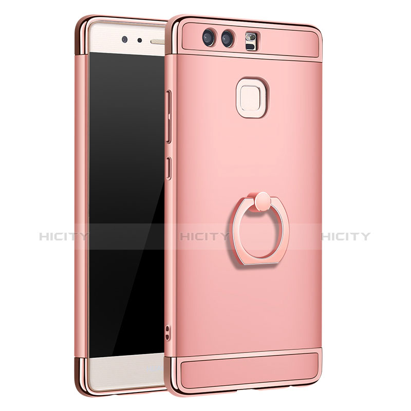 Handyhülle Hülle Luxus Metall Rahmen und Kunststoff Schutzhülle Tasche mit Fingerring Ständer A01 für Huawei P9 Plus Rosegold