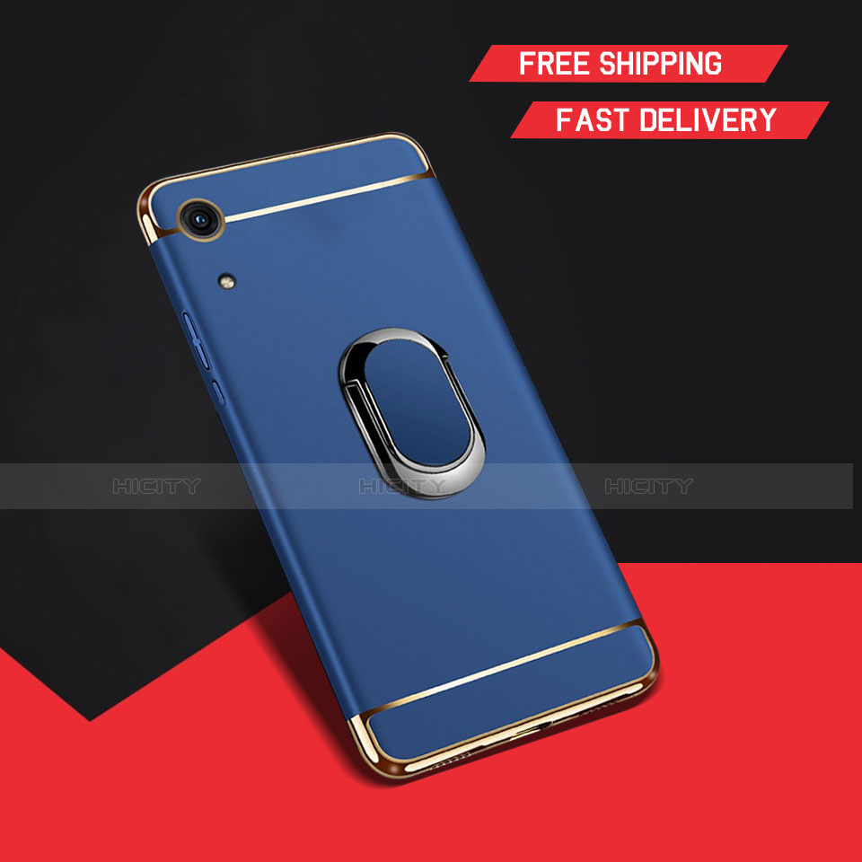Handyhülle Hülle Luxus Metall Rahmen und Kunststoff Schutzhülle Tasche mit Fingerring Ständer A01 für Huawei Y6 Prime (2019) Blau