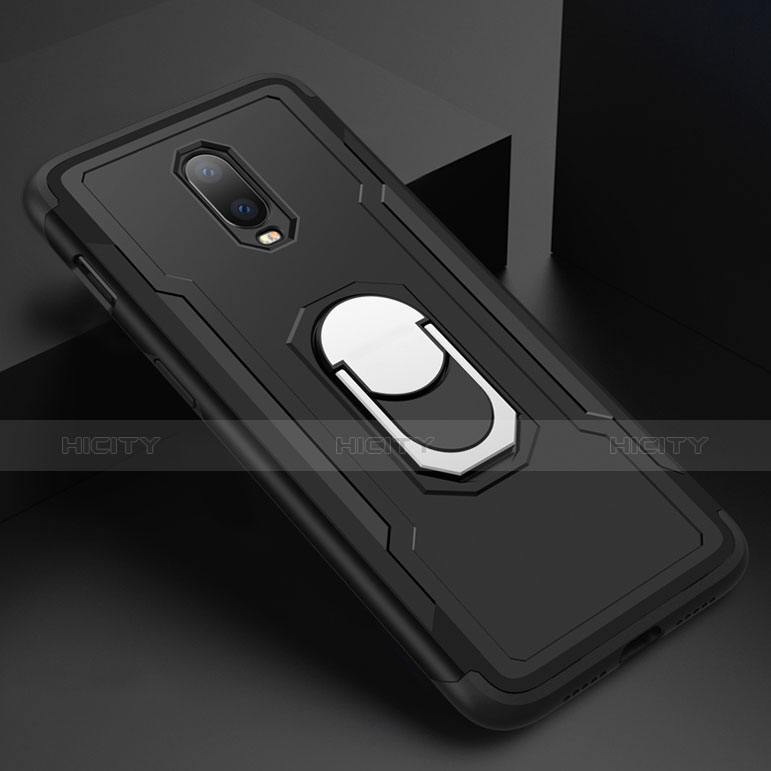 Handyhülle Hülle Luxus Metall Rahmen und Kunststoff Schutzhülle Tasche mit Fingerring Ständer A01 für OnePlus 6T Schwarz