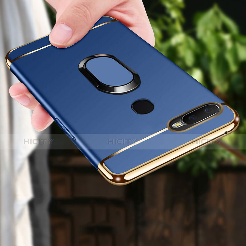 Handyhülle Hülle Luxus Metall Rahmen und Kunststoff Schutzhülle Tasche mit Fingerring Ständer A01 für Oppo A7 Blau