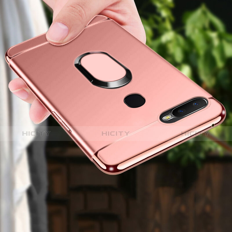 Handyhülle Hülle Luxus Metall Rahmen und Kunststoff Schutzhülle Tasche mit Fingerring Ständer A01 für Oppo A7 Rosegold