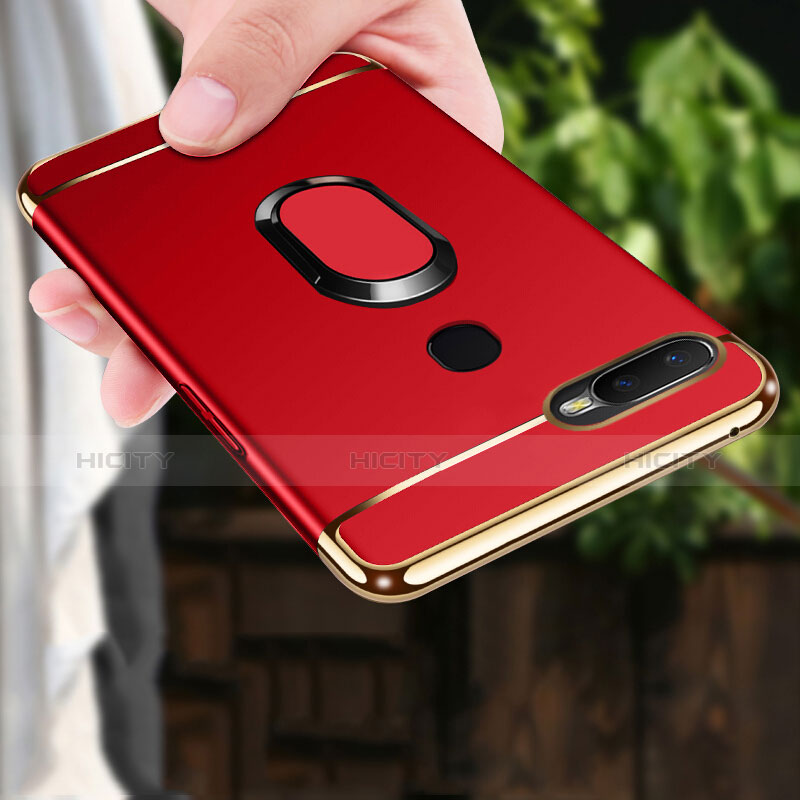 Handyhülle Hülle Luxus Metall Rahmen und Kunststoff Schutzhülle Tasche mit Fingerring Ständer A01 für Oppo A7 Rot