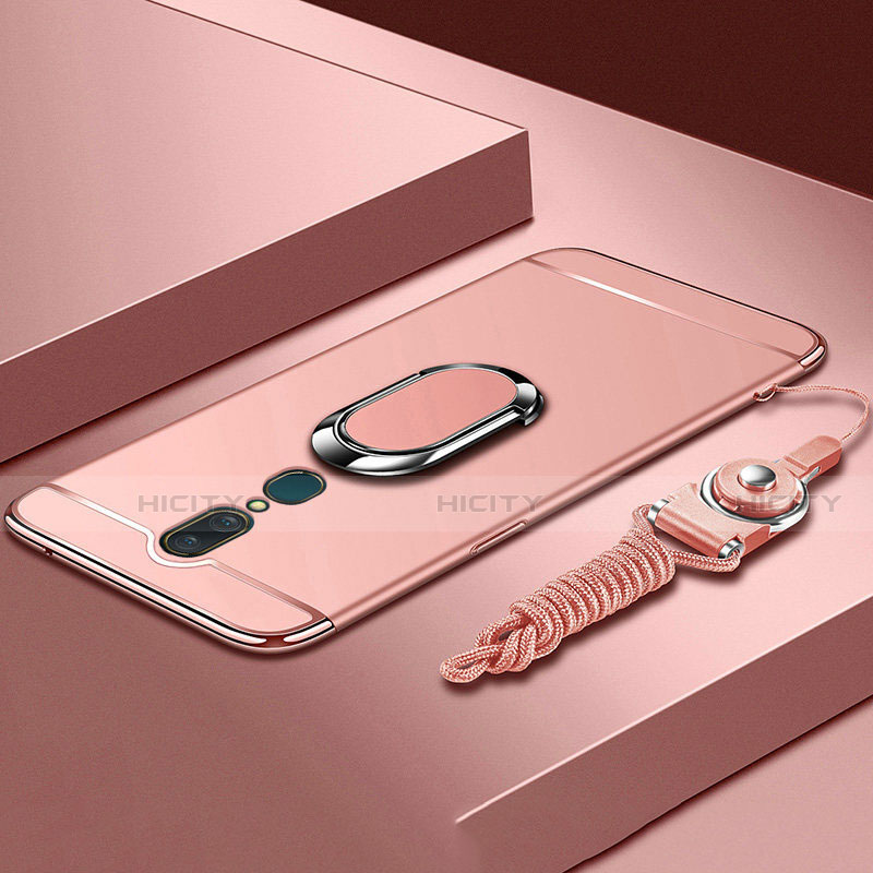 Handyhülle Hülle Luxus Metall Rahmen und Kunststoff Schutzhülle Tasche mit Fingerring Ständer A01 für Oppo A9 Rosegold