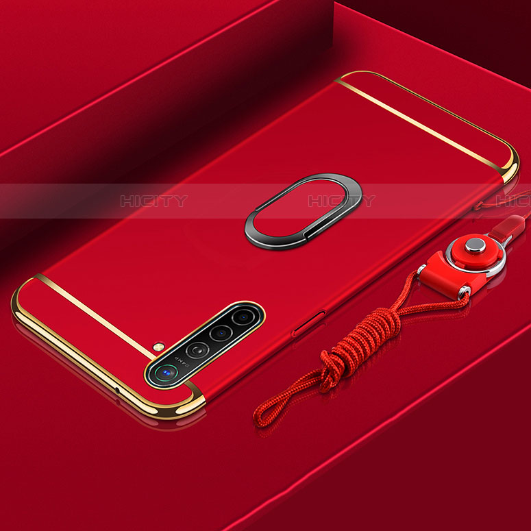 Handyhülle Hülle Luxus Metall Rahmen und Kunststoff Schutzhülle Tasche mit Fingerring Ständer A01 für Realme X2 Rot