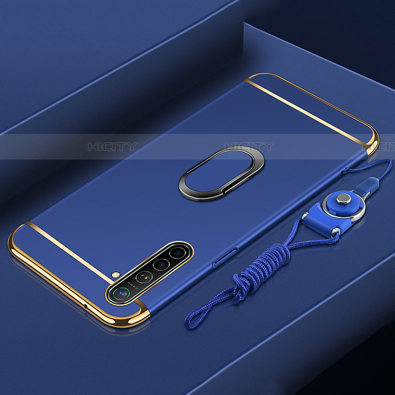 Handyhülle Hülle Luxus Metall Rahmen und Kunststoff Schutzhülle Tasche mit Fingerring Ständer A01 für Realme XT Blau