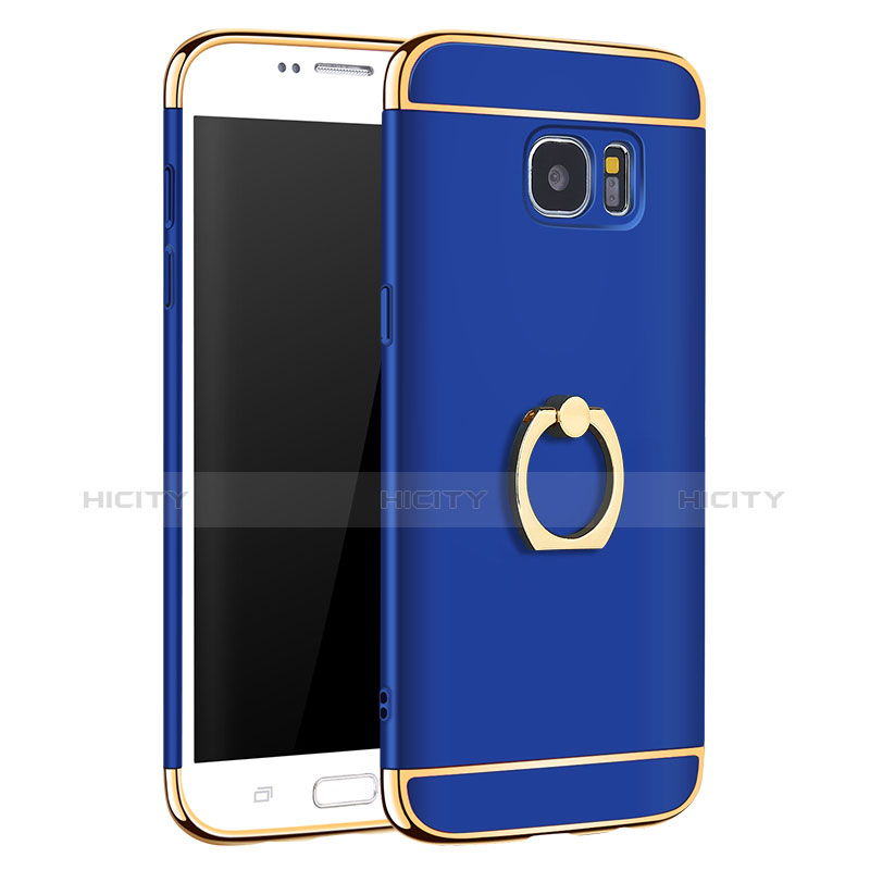 Handyhülle Hülle Luxus Metall Rahmen und Kunststoff Schutzhülle Tasche mit Fingerring Ständer A01 für Samsung Galaxy S7 Edge G935F Blau