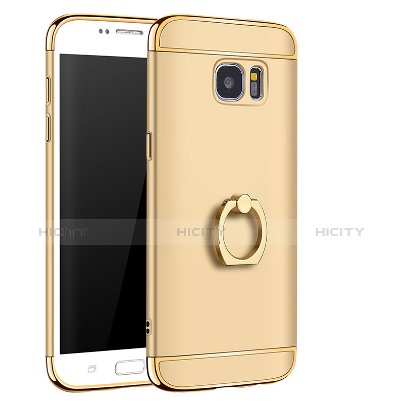 Handyhülle Hülle Luxus Metall Rahmen und Kunststoff Schutzhülle Tasche mit Fingerring Ständer A01 für Samsung Galaxy S7 Edge G935F Gold