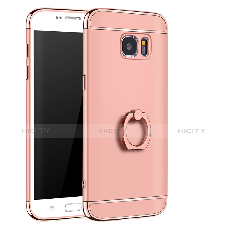 Handyhülle Hülle Luxus Metall Rahmen und Kunststoff Schutzhülle Tasche mit Fingerring Ständer A01 für Samsung Galaxy S7 Edge G935F Rosegold