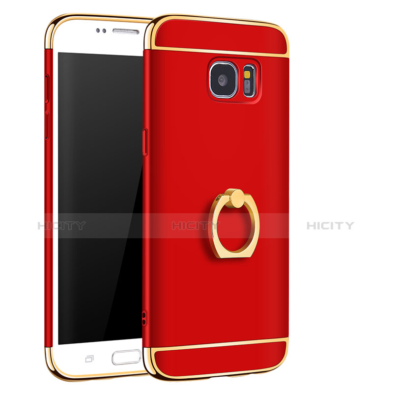 Handyhülle Hülle Luxus Metall Rahmen und Kunststoff Schutzhülle Tasche mit Fingerring Ständer A01 für Samsung Galaxy S7 Edge G935F Rot Plus