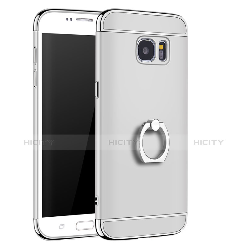 Handyhülle Hülle Luxus Metall Rahmen und Kunststoff Schutzhülle Tasche mit Fingerring Ständer A01 für Samsung Galaxy S7 Edge G935F Silber