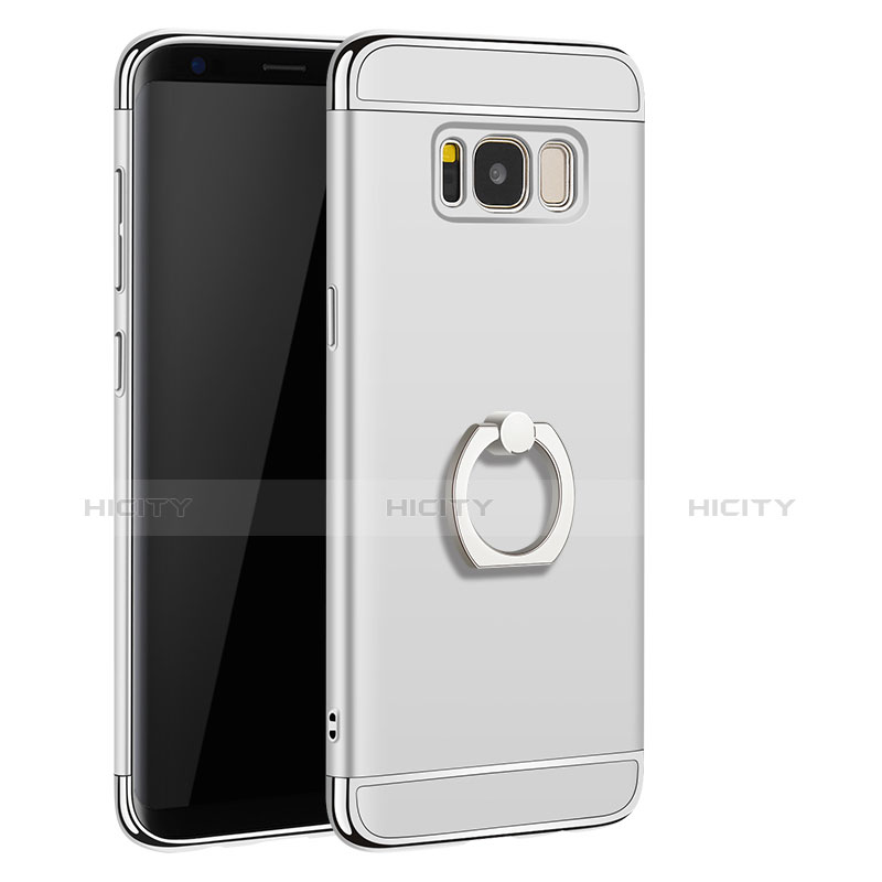 Handyhülle Hülle Luxus Metall Rahmen und Kunststoff Schutzhülle Tasche mit Fingerring Ständer A01 für Samsung Galaxy S8 Silber