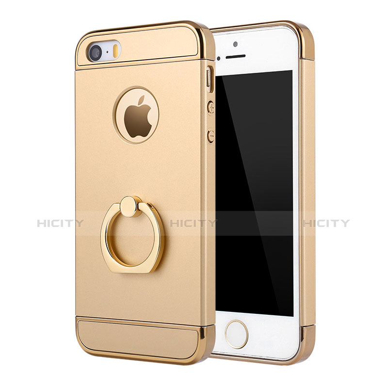 Handyhülle Hülle Luxus Metall Rahmen und Kunststoff Schutzhülle Tasche mit Fingerring Ständer A02 für Apple iPhone 5 Gold Plus