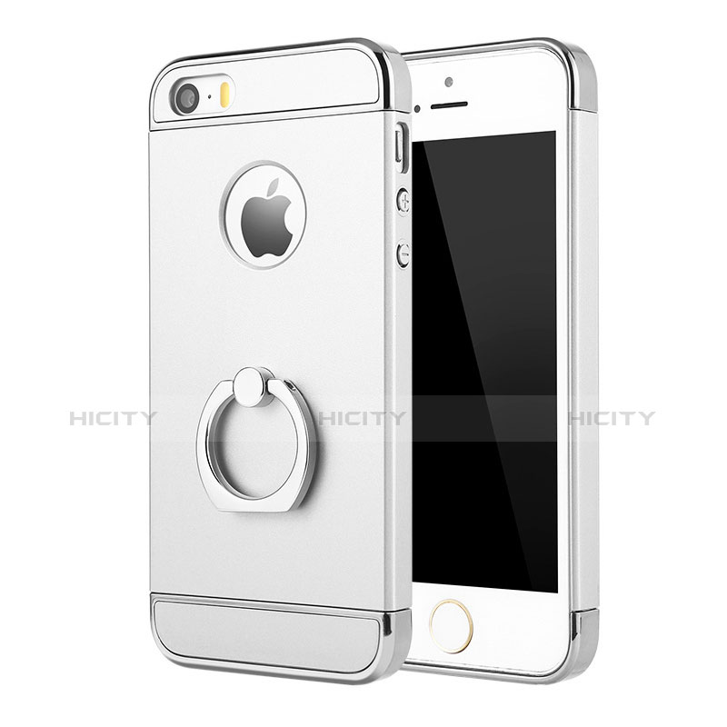 Handyhülle Hülle Luxus Metall Rahmen und Kunststoff Schutzhülle Tasche mit Fingerring Ständer A02 für Apple iPhone 5 Silber