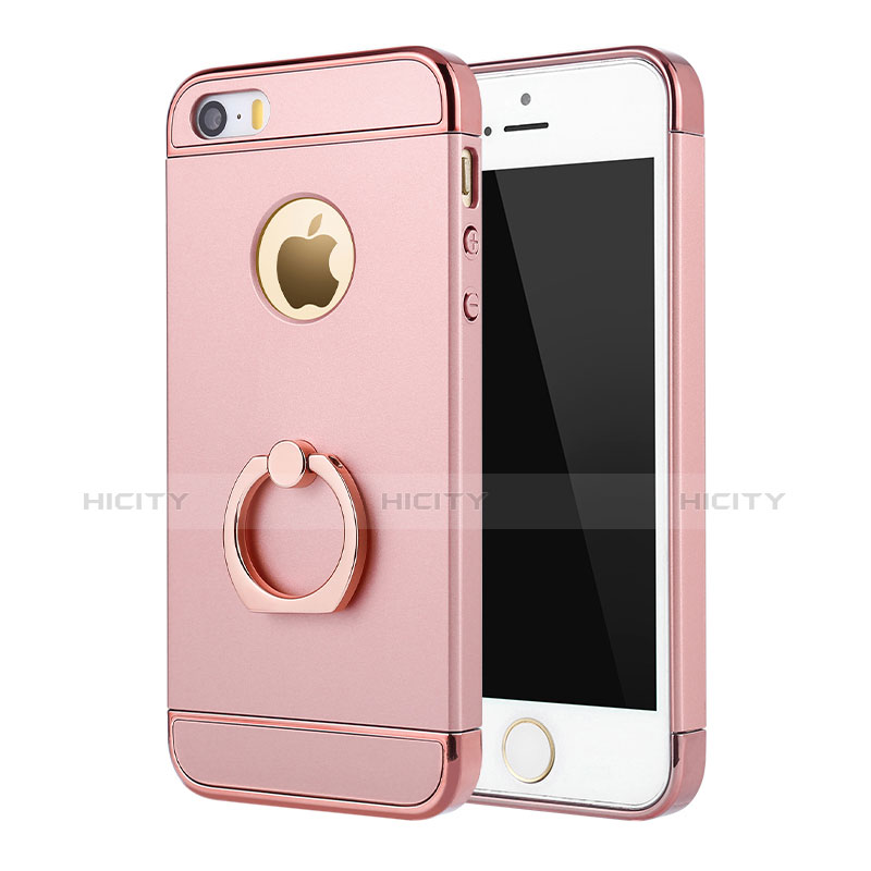 Handyhülle Hülle Luxus Metall Rahmen und Kunststoff Schutzhülle Tasche mit Fingerring Ständer A02 für Apple iPhone 5S Rosa Plus