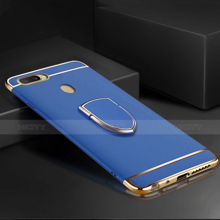 Handyhülle Hülle Luxus Metall Rahmen und Kunststoff Schutzhülle Tasche mit Fingerring Ständer A02 für Oppo A7 Blau