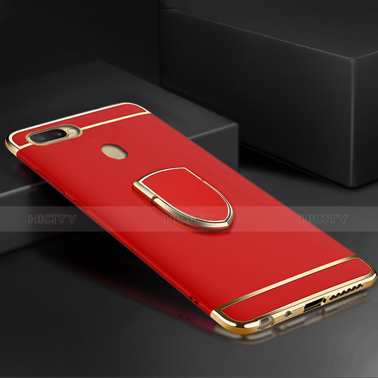 Handyhülle Hülle Luxus Metall Rahmen und Kunststoff Schutzhülle Tasche mit Fingerring Ständer A02 für Oppo A7 Rot