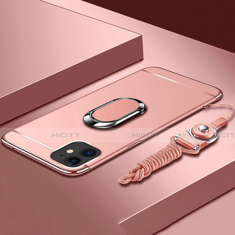 Handyhülle Hülle Luxus Metall Rahmen und Kunststoff Schutzhülle Tasche mit Fingerring Ständer T01 für Apple iPhone 11 Rosegold Plus