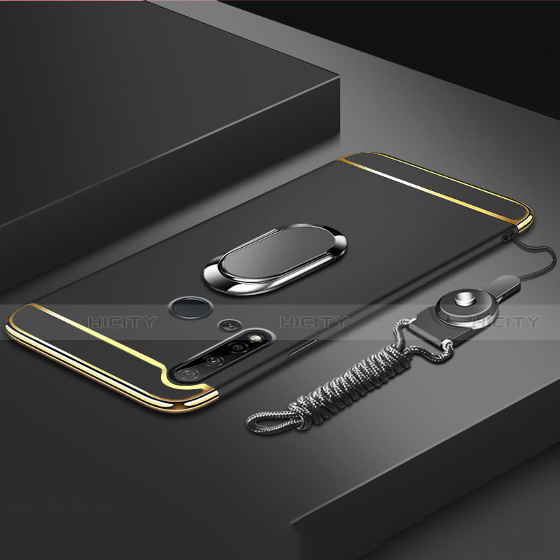 Handyhülle Hülle Luxus Metall Rahmen und Kunststoff Schutzhülle Tasche mit Fingerring Ständer T01 für Huawei Nova 5i Schwarz