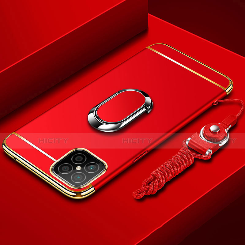 Handyhülle Hülle Luxus Metall Rahmen und Kunststoff Schutzhülle Tasche mit Fingerring Ständer T01 für Huawei Nova 8 SE 5G Rot