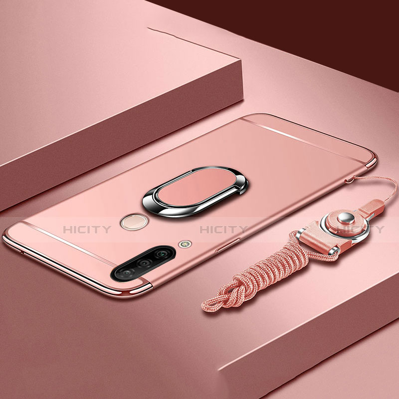 Handyhülle Hülle Luxus Metall Rahmen und Kunststoff Schutzhülle Tasche mit Fingerring Ständer T01 für Huawei P30 Lite Rosegold