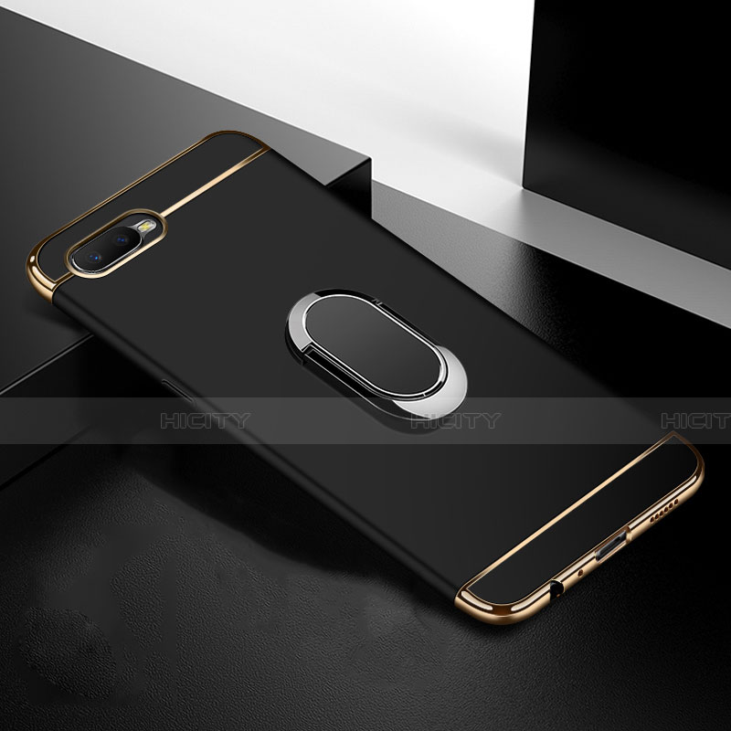 Handyhülle Hülle Luxus Metall Rahmen und Kunststoff Schutzhülle Tasche mit Fingerring Ständer T01 für Oppo K1 Schwarz