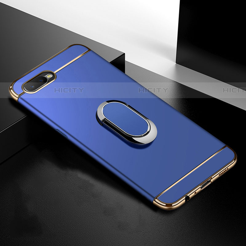 Handyhülle Hülle Luxus Metall Rahmen und Kunststoff Schutzhülle Tasche mit Fingerring Ständer T01 für Oppo RX17 Neo Blau